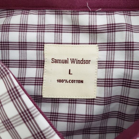 Samuel Windsor Mens Shirt Large Wine Plaid Cotton Button Up Long Sleeve Pocket - Picture 8 of 10